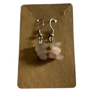 Natural Pink Rose Quartz Crystal Stone Dangle & Sterling Sliver Hook Earrings